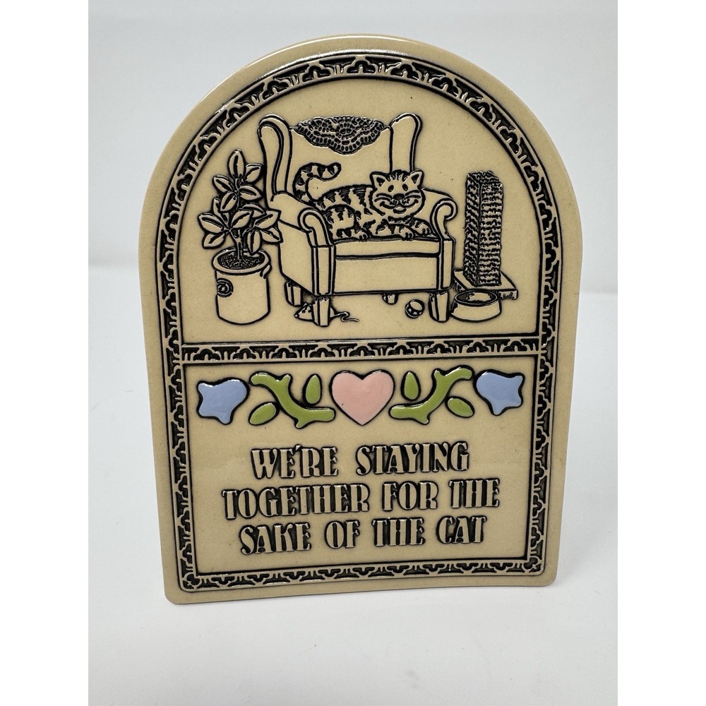 VTG Trinity Pottery Wall Plaque 1987 Funny  Cute "Staying Together..Sake..Cat"